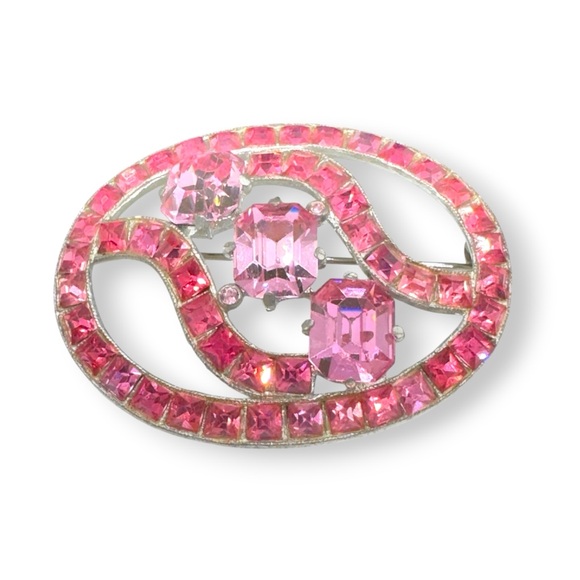 Vintage Art Deco Pink Rhinestone Pot Metal Brooch - Picture 4 of 8